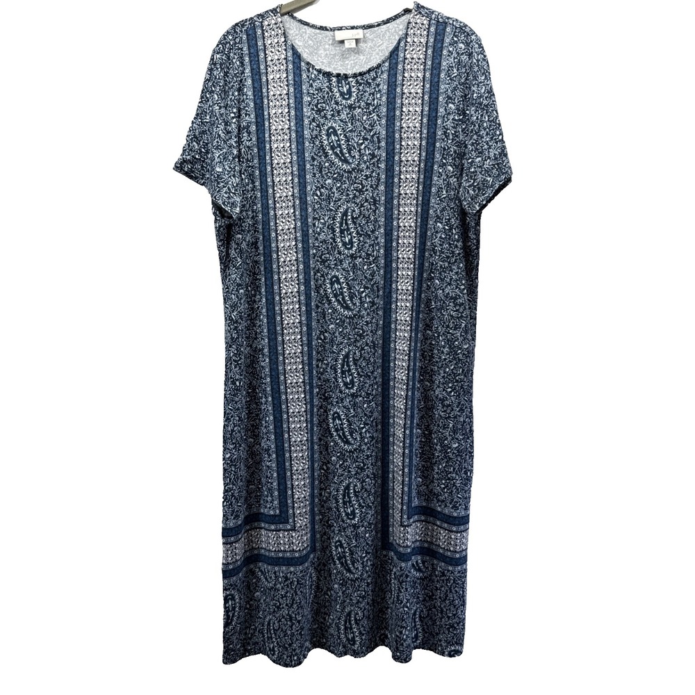 J Jill Womens Dress Size Med Tall Short Sleeve Blue Paisley Mixed Print Pullover